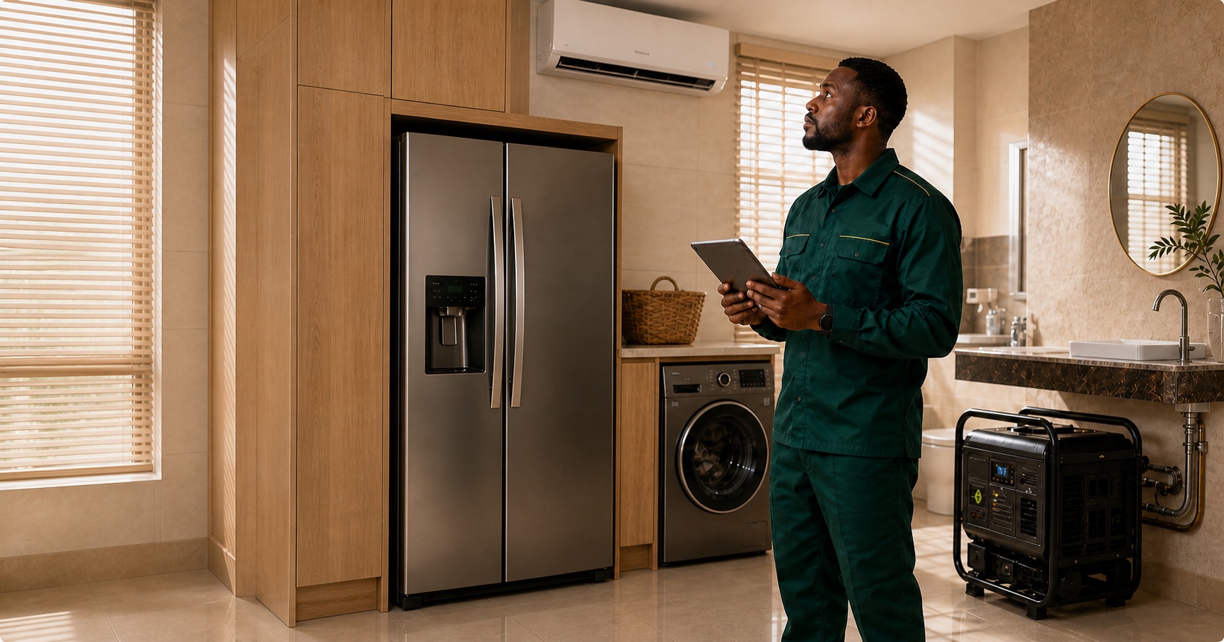 HARBODE home-care specialist checking an air conditioner, refrigerator, washing machine, plumbing and backup power system